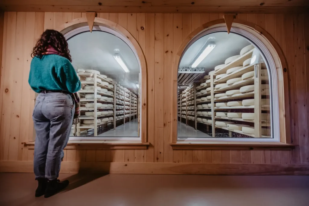 Femme admirant des étagères de fromages - Crédit Dan - Québec Région Gourmande